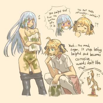 2girls ahoge anisphia_wynn_palettia anjuro_zeeku aqua_eyes black_pantyhose black_ribbon blonde_hair blush broom commentary english_text euphyllia_magenta female_pubic_hair finger_in_own_mouth flying_sweatdrops hair_ribbon highres long_hair looking_at_another multiple_girls open_mouth pantyhose partially_undressed pink_skirt pubic_hair purple_eyes pussy ribbon shirt short_hair short_sleeves simple_background skirt sweat tensei_oujo_to_tensai_reijou_no_mahou_kakumei white_hair white_pantyhose white_shirt yellow_background yuri