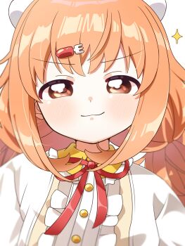 1girl blush braid center_frills closed_mouth collared_dress doyagao dress egg_hair_ornament food-themed_hair_ornament fork_hair_ornament frilled_dress frills hair_ornament hairclip highres kaeru_san1227 kirara_tamako kirara_tamako_(1st_costume) long_hair looking_at_viewer low_twin_braids neck_ribbon nijisanji orange_eyes orange_hair portrait red_ribbon ribbon simple_background smug solo straight-on twin_braids v-shaped_eyebrows virtual_youtuber white_background white_dress