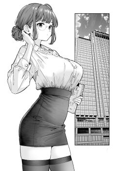 1girl :/ absurdres breasts building clipboard closed_mouth collared_shirt commentary cowboy_shot dress_shirt from_side glasses greyscale hair_bun hand_in_own_hair high-waist_skirt highres holding holding_clipboard kuroki_yuushin large_breasts long_sleeves looking_at_viewer monochrome office_lady original pencil_skirt rimless_eyewear shirt single_hair_bun skirt skyscraper solo standing tented_shirt thighhighs