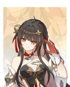 1girl ahoge bare_shoulders black_hair blunt_bangs breasts cancancancan china_dress chinese_clothes chinese_commentary cleavage closed_mouth colored_extremities commentary_request diamond-shaped_pupils diamond_(shape) dress gloves hair_ornament highres honkai:_star_rail honkai_(series) lingsha_(honkai:_star_rail) long_hair looking_at_viewer orange_eyes red_gloves smile solo symbol-shaped_pupils upper_body zoom_layer