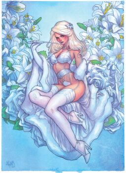 1girl blonde_hair blue_background blue_flower blue_lips blue_rose border bra breasts cheekbones cleavage commentary emma_frost english_commentary floral_background flower fur-trimmed_shawl fur_trim garter_straps gloves hair_flower hair_ornament high_heels highleg highleg_panties highres holding holding_riding_crop invisible_chair large_breasts lily_(flower) lingerie lips long_hair looking_at_viewer marvel meghan_hetrick midriff panties plantar_flexion realistic riding_crop rose shawl shoes sitting solo thighhighs underwear white_border white_bra white_flower white_gloves white_panties white_shawl white_shoes white_thighhighs x-men