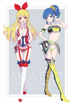 2girls :d aikatsu! aikatsu!_(series) arm_behind_back bare_arms bare_shoulders bikini black_boots black_shirt blonde_hair blue_bikini blue_boots blue_hair blue_shirt blush boots bow bow_hairband character_name commentary copyright_name cover cropped_shirt detached_sleeves dot_nose earrings frilled_shirt frills full_body green_boots green_shirt hair_ornament hair_scrunchie hairband hand_up hinayanoko hoshimiya_ichigo index_finger_raised jewelry kiriya_aoi legs_apart long_hair looking_at_viewer medium_hair midriff multicolored_bikini multicolored_boots multicolored_shirt multiple_girls navel open_mouth red_bikini red_boots red_bow red_eyes red_garter_straps red_hairband red_shirt scrunchie shirt side_ponytail sidelocks single_bare_arm single_sleeve sleeveless sleeveless_shirt smile standing straight-on straight_hair swimsuit teeth upper_teeth_only white_bikini white_boots white_shirt yellow_bikini yellow_boots yellow_scrunchie yellow_shirt