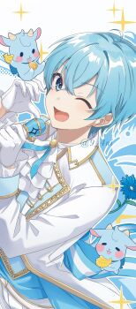 Rule 34 | 1boy, 9 v4ni, ascot, blue eyes, blue hair, colon (stpri), commentary, gloves, hair between eyes, half-heart hands, hand up, highres, holding, holding microphone, jacket, long sleeves, looking at viewer, male focus, microphone, one eye closed, open mouth, short hair, smile, solo, strawberry prince, symbol-only commentary, upper body, white ascot, white gloves, white jacket