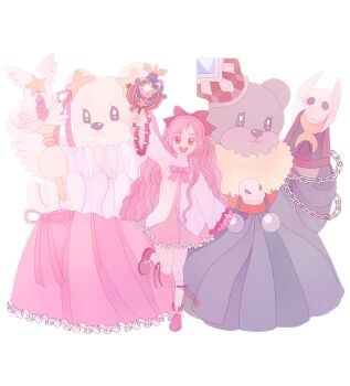 Rule 34 | 1girl, :d, anais del caril, asovo u, bear, black cloak, black eyes, black fur, black sleeves, bow, chain, character request, choker, cloak, coat, coat bow, colored eyelashes, crown, dot nose, drawstring, dress, eyelashes, flat color, footwear bow, frilled sleeves, frills, full body, hair bow, happy, hat, holding, holding wand, kneehighs, knees together feet apart, long hair, long ribbon, long sleeves, looking at viewer, neck ruff, nexon, no pupils, open clothes, open coat, open mouth, pastel colors, pink bow, pink dress, pink eyes, pink hair, pink ribbon, pink shoes, pink skirt, red bow, red hat, red ribbon, ribbon, ribbon-trimmed socks, ribbon trim, second-party source, shoes, short dress, simple background, skirt, skull ornament, smile, socks, standing, standing on one leg, star ornament, tales weaver, teeth, tilted headwear, tongue, transparent background, upper teeth only, very long hair, wand, wavy hair, white choker, white coat, white fur, white socks, white wings, wide sleeves, wings