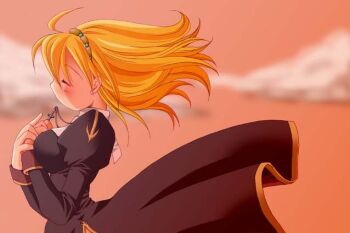 1girl 2000s_(style) ahoge ayachin black_dress blonde_hair blush breasts brown_hairband closed_eyes cloud commentary_request cross cross_necklace dress hairband holding holding_jewelry holding_necklace jewelry juliet_sleeves large_breasts long_hair long_sleeves necklace no_mouth orange_sky outdoors priest_(ragnarok_online) puffy_sleeves ragnarok_online sky solo upper_body wind