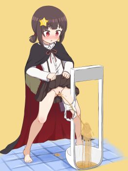 1girl absurdres bar_censor barefoot blush brown_hair censored cleft_of_venus cloak clothes_lift feet female_focus green_bell_(yksk042) hair_ornament highres komekko kono_subarashii_sekai_ni_shukufuku_wo! lifting_own_clothes loli midori_no_beru open_mouth panties panties_around_leg pee peeing pussy red_eyes shirt short_hair sidelocks skirt skirt_lift solo standing star_(symbol) star_hair_ornament toes twintails underwear urinal urinal_use white_panties white_shirt yellow_background