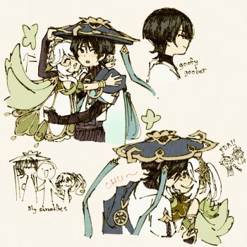 2boys 2girls aether_(genshin_impact) ahoge armlet artist_self-insert bare_shoulders belt black_belt black_bodysuit black_bridal_gauntlets black_eyes black_hair black_shorts bloomers blue_cape blue_gemstone blue_hat blue_kimono blue_sleeves blush bodysuit bracelet braid bridal_gauntlets cape closed_eyes closed_mouth coataxxon couple detached_sleeves dress english_text eyelashes eyeliner eyeshadow floating fringe_trim gem genshin_impact gold gold_trim green_cape green_hair green_sleeves hair_ornament half-closed_eyes half_crown_braid halo han'eri hand_on_another's_arm hand_on_another's_shoulder hat hatching_(texture) head_down hetero hug japanese_clothes jewelry jingasa kimono kiss layered_kimono layered_sleeves leaf leaf_hair_ornament levitation long_hair looking_to_the_side low-braided_long_hair low-tied_long_hair makeup mandarin_collar mechanical_halo multicolored_hair multiple_boys multiple_girls multiple_views nahida_(genshin_impact) open_clothes open_hands open_kimono open_mouth paimon_(genshin_impact) pom_pom_(clothes) red_eyeliner red_eyeshadow scaramouche_(genshin_impact) scarf short_hair short_hair_with_long_locks short_sleeves shorts side_ponytail sidelocks sideways_glance sketch_inset smile sound_effects streaked_hair teeth turtleneck turtleneck_bodysuit underwear upper_teeth_only vision_(genshin_impact) wanderer_(genshin_impact) white_background white_bloomers white_dress white_hair white_kimono white_sleeves wide-eyed