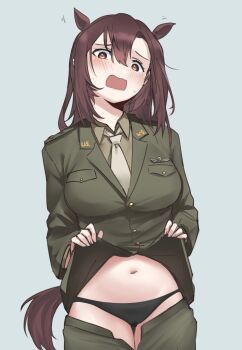 1girl absurdres animal_ears black_panties blush breasts brown_eyes brown_hair commentary embarrassed english_commentary feet_out_of_frame grace_maitland_steward green_jacket green_shirt green_skirt highres horse_ears horse_girl horse_tail jacket large_breasts long_hair luminous_witches m1saki_1 military military_uniform navel necktie open_mouth panties shirt simple_background skirt solo standing tail underwear world_witches_series