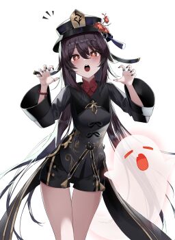 1girl absurdres black_hair black_hat black_shirt black_shorts blush boo_tao_(genshin_impact) commentary cowboy_shot flower gamgyul genshin_impact hair_flower hair_ornament hat highres hu_tao_(genshin_impact) long_hair long_sleeves looking_at_viewer low_twintails notice_lines open_mouth paw_pose pink_eyes porkpie_hat shirt shorts simple_background solo star-shaped_pupils star_(symbol) symbol-shaped_pupils twintails very_long_hair white_background