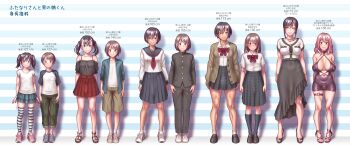 1boy 1girl absurdres age_progression bare_shoulders black_hair black_pants blue_eyes blue_sailor_collar blue_skirt blush bow breasts breasts_apart brown_hair bulge buttons cargo_pants chest_height collarbone commentary_request cosplay covered_erect_nipples covered_penis crossdressing crossdressing_(mtf) curvy dress feet feminization full_body futa_with_male futanari gakuran green_eyes hair_between_eyes height height_chart height_difference highres implied_futanari implied_prostitution kneehighs large_breasts large_penis legs lineup loli long_hair long_sleeves looking_at_viewer male_with_breasts medium_breasts medium_hair miniskirt multiple_girls nail_polish navel neckerchief no_bra off_shoulder on_floor original pants penis pleated_skirt red_skirt sailor_collar sailor_dress sailor_shirt sandals school_uniform serafuku shirt shoes short_hair shorts shota side-by-side size_comparison skirt smile sneakers socks standing straight-on strappy_heels striped_background striped_clothes striped_thighhighs tall_female tan testicles thighhighs thighs toenail_polish toenails toes toned toned_female trap twintails veins veiny_breasts white_shirt wig wokada