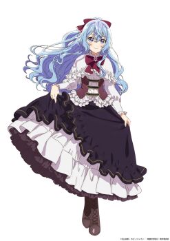 1girl black_dress blue_eyes blue_hair blush boots bow bowtie brown_boots capelet commentary_request corset curtsey dress frilled_dress frilled_sleeves frills hair_bow highres layered_dress liselotte_cretia long_dress long_hair looking_at_viewer official_art seirei_gensouki skirt_hold smile solo very_long_hair white_capelet white_dress yufu_kyouko