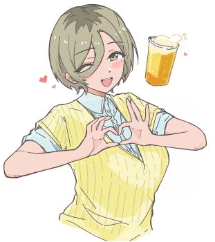 1girl alcohol beer blue_shirt blush brown_eyes brown_hair collared_shirt commentary cup dress_shirt girls_band_cry hair_between_eyes heart heart_hands highres long_hair_between_eyes mole mole_under_eye multicolored_hair n_nai_nai_n one_eye_closed open_mouth roots_(hair) rupa_(girls_band_cry) shirt simple_background solo sweater symbol-only_commentary teeth upper_body upper_teeth_only white_background yellow_sweater
