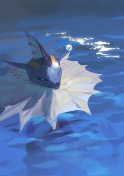 1boy air_bubble animal_focus animalization blue_skin bubble colored_skin dandadan ear_piercing eyebrow_piercing face_piercing fins gen_1_pokemon head_fins highres kai_(huikuai2) male_focus nintendo no_humans partially_submerged piercing pokemon pokemon_(creature) pokemon_focus solo vaporeon water zuma_unji