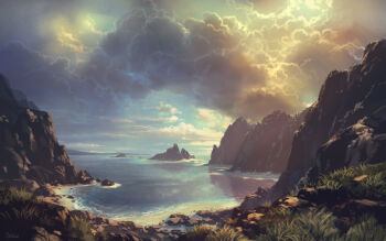 absurdres beach blue_sky cliff cloud cloudy_sky commentary english_commentary grass highres landscape no_humans ocean original outdoors painterly painting_(medium) philipp_urlich reflection reflective_liquid rock scenery shore signature sky sunlight traditional_media water yellow_sky