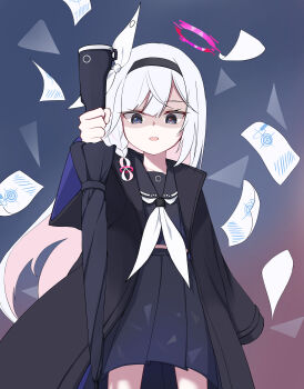 1girl :d absurdres black_coat black_hairband black_sailor_collar black_serafuku black_shirt bleach blue_archive blue_pupils blunt_bangs bow braid coat colored_inner_hair commentary cowboy_shot downturned_eyes envelope evil_smile film_grain grey_background grey_eyes hair_between_eyes hair_bow hairband halo hand_up highres holding holding_umbrella kyouka_suigetsu_(shikai) long_hair looking_at_viewer mismatched_pupils multicolored_hair neckerchief open_clothes open_coat open_mouth parody pink_hair plana_(blue_archive) pleated_skirt red_halo red_pupils sailor_collar school_uniform serafuku shaded_face shirt simple_background single_braid skirt smile solo umbrella white_bow white_hair white_neckerchief yoowaru