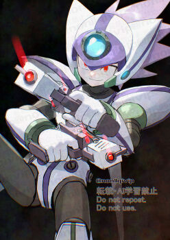 Rule 34 | 1boy, axl (mega man), chest jewel, cowboy shot, forehead jewel, gun, helmet, holding, holding gun, holding weapon, male focus, mega man (series), mega man x8, mega man x (series), purple hair, solo, trigger discipline, weapon, white helmet, yamanashi taiki