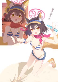 1girl absurdres animal_ear_fluff animal_ears bikini black_hair blue_archive blue_bikini blush bottle breasts brown_eyes commentary_request denim denim_shorts fox_ears fox_girl fox_tail hello-ghiblisan highres holding holding_bottle izuna_(blue_archive) izuna_(swimsuit)_(blue_archive) looking_at_viewer medium_breasts medium_hair navel official_alternate_costume one_side_up open_mouth red_scarf sandals scarf short_shorts shorts solo stomach striped_bikini striped_clothes swimsuit tail visor_cap yellow_sandals