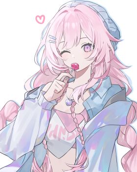 1girl ;) blue_hat blue_jacket breasts clothes_writing commentary_request crop_top cyrene_(honkai:_star_rail) cyrene_(nylon_japan)_(honkai:_star_rail) cyrene_(ripples_of_past_reverie)_(honkai:_star_rail) diamond-shaped_pupils diamond_(shape) hat heart heart_necklace highres honkai:_star_rail honkai_(series) jacket jewelry lollipop_in_mouth long_hair looking_at_viewer medium_breasts midriff necklace official_alternate_costume one_eye_closed pink_hair purple_eyes smile solo symbol-shaped_pupils very_long_hair younomiti