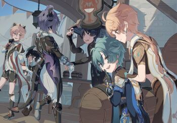 6+boys :d :o absurdres aether_(genshin_impact) ahoge armor barrel belt belt_collar black_belt black_bodysuit black_boots black_bow black_gloves black_hair black_shorts blonde_hair blue_hair blue_hat blue_shirt blue_sleeves blunt_ends bodysuit boots bow braid bridal_gauntlets cape choker coat collar collared_shirt commentary_request crop_top dahlia_(genshin_impact) double-parted_bangs dragon_horns dragon_tail dragon_wings durin_(genshin_impact) earrings finger_to_mouth flower genshin_impact gloves gold_trim gradient_hair green_eyes green_hair green_hat hair_between_eyes hair_flower hair_ornament half-closed_eyes hat highres horns japanese_clothes jewelry jingasa juban kimono lohen_(genshin_impact) long_hair long_sleeves looking_at_another male_focus mikan_(akasa051) mole mole_under_eye multicolored_eyes multicolored_hair multiple_boys open_clothes open_kimono open_mouth pants parted_lips pink_hair purple_eyes red_cape scaramouche_(genshin_impact) shirt short_hair short_shorts shorts shoulder_armor shushing single_earring smile tail tassel thigh_strap twin_braids venti_(genshin_impact) wanderer_(genshin_impact) white_cape white_gloves white_hat white_kimono white_pants white_shirt wings wooden_cup yellow_eyes