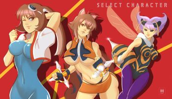 3girls animal_ears bare_shoulders bee_girl blazblue bodysuit breasts brown_hair crop_top cropped_jacket crossover darkstalkers fingerless_gloves gloves ihsnet insect_girl insect_wings large_breasts makihara_arina makoto_nanaya microskirt multiple_girls purple_hair q-bee rabbit_ears rabbit_girl short_hair skirt sleeveless squirrel_ears squirrel_girl squirrel_tail tail thong tonfa underboob waku_waku_7 weapon wings