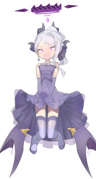 1girl absurdres black_halo blue_archive breasts demon_girl demon_horns demon_wings dress elbow_gloves full_body gloves halo highres hina_(blue_archive) hina_(dress)_(blue_archive) horns long_hair looking_at_viewer official_alternate_costume official_alternate_hairstyle purple_dress purple_eyes purple_gloves sam_szero simple_background small_breasts solo white_background white_hair wings