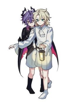 2boys albedo_(genshin_impact) aqua_eyes ascot black_horns black_shirt black_socks black_wings blonde_hair braid closed_mouth collared_shirt crossed_bangs dragon_boy dragon_horns dragon_wings durin_(genshin_impact) expressionless genshin_impact gloves hair_between_eyes hand_on_another's_shoulder hiding hiding_behind_another highres holding holding_lantern horns lantern long_sleeves looking_at_viewer male_focus medium_hair multiple_boys parted_bangs purple_hair red_eyes shirt shorts simple_background single_hair_intake sleeve_cuffs socks standing sweatdrop ttuyer0 white_ascot white_background white_gloves white_shirt white_shorts white_socks wings
