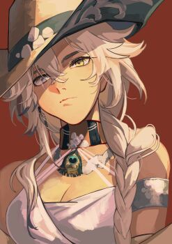 1girl absurdres argus_(reverse:1999) bare_shoulders blonde_hair braid breasts brown_choker choker cleavage closed_mouth cowboy_hat grey_eyes hat heterochromia highres looking_at_viewer peacock_feathers portrait raysse red_background reverse:1999 scar scar_across_eye scar_on_face single_braid solo tank_top white_tank_top yellow_eyes