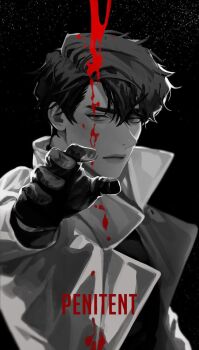 1boy aegyo_sal black_eyes black_gloves black_hair black_shirt blackbox_(blackbox9158) blood blood_drip coat english_text gloves highres male_focus omniscient_reader&#039;s_viewpoint open_clothes open_coat outstretched_hand partially_colored popped_collar reaching reaching_towards_viewer serious shirt short_hair sky solo star_(sky) starry_sky upper_body white_coat yoo_joonghyuk