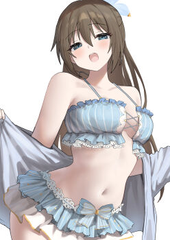 1girl absurdres bare_shoulders bikini blue_bikini blue_eyes blush breasts brown_hair commentary_request frilled_bikini frills hair_between_eyes highres large_breasts long_hair looking_at_viewer love_live! love_live!_nijigasaki_high_school_idol_club navel off_shoulder open_mouth opened_by_self osaka_shizuku simple_background solo swimsuit teeth upper_teeth_only white_background yuu_(shampoohatslime)