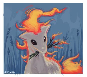 Rule 34 | animal focus, artist name, border, brown eyes, commentary, dietranch, english commentary, fire, gen 1 pokemon, grass, highres, horse, mouth hold, nintendo, no humans, pokemon, pokemon (creature), pokemon focus, ponyta, solo, white border