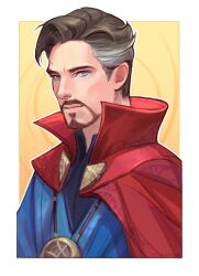 Rule 34 | 1boy, anoiue, blue eyes, blue robe, cape, doctor strange, facial hair, goatee, grey hair, highres, light brown hair, lips, looking at viewer, male focus, marvel, marvel cinematic universe, multicolored hair, mustache, out of frame, outside border, portrait, red cape, robe, two-tone background, two-tone hair, white background, yellow background