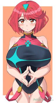1girl black_one-piece_swimsuit blush bob_cut border breasts closed_mouth collarbone commentary_request cowboy_shot ereka headpiece highres huge_breasts looking_at_viewer one-piece_swimsuit orange_background orange_eyes outside_border pyra_(pro_swimmer)_(xenoblade) pyra_(xenoblade) red_hair revision short_hair solo steepled_fingers sweatdrop swept_bangs swimsuit white_border xenoblade_chronicles_(series) xenoblade_chronicles_2