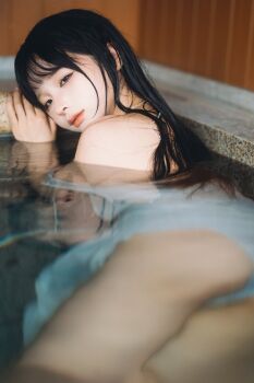 Rule 34 | 1girl, asian, ass, bathing, black hair, chinese (nationality), chunmomo0127, feet out of frame, from behind, highres, in water, indoors, jewelry, long hair, looking at viewer, looking back, necklace, panties, photo (medium), real life, shirt, thighs, underwear, water, white panties, white shirt