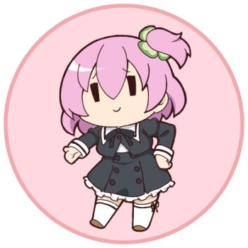 1girl assault_lily black_ribbon black_skirt border brown_shoes chibi chibi_only closed_mouth clover_hair_ornament commentary_request cropped_jacket four-leaf_clover_hair_ornament frilled_skirt frills full_body hair_between_eyes hair_ornament hand_on_own_hip hand_up high-waist_skirt hitotsuyanagi_riri juliet_sleeves leg_ribbon long_sleeves looking_at_viewer lowres masaki_itsuki miniskirt neck_ribbon one_side_up open_hand outstretched_arm pink_background pink_border pink_hair puffy_sleeves raised_eyebrows ribbon school_uniform shoes short_hair simple_background skirt smile solo thigh_ribbon thighhighs transparent_background white_thighhighs yurigaoka_girls_academy_school_uniform |_|