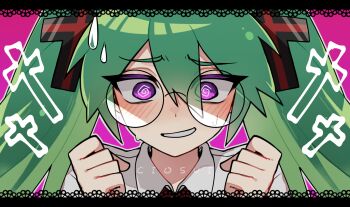 1girl @_@ artist_name blush blush_stickers border cio_(ciosui) clenched_hands closed_mouth collared_shirt confessions_of_a_rotten_girl_(vocaloid) cross cross_hair_ornament cross_tie double-parted_bangs glasses green_hair hair_between_eyes hair_ornament hatsune_miku highres long_hair looking_at_viewer outline purple_eyes round_eyewear shirt short_sleeves sidelocks solo teeth twintails upper_body vocaloid white_outline white_shirt worried