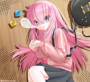 1girl arisuuuuu.1436 bocchi_the_rock! despair ghost gotoh_hitori guitar highres instrument jacket jersey long_hair lying open_mouth pink_hair track_jacket track_suit wooden_floor