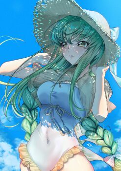 1girl absurdres bikini blue_sky blush braid breasts budgiepon c.c. cloud code_geass day frilled_bikini frills green_hair hat highres long_hair looking_at_viewer outdoors see-through_clothes single_braid sky smile solo straw_hat sun_hat swimsuit twin_braids very_long_hair yellow_eyes