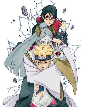 1girl 2boys ahoge arm_around_neck black_choker black_cloak black_hair black_headband black_jacket blonde_hair boruto:_two_blue_vortex brentonsart byakugan choker cloak closed_eyes colored_skin commentary earrings electricity english_commentary extra_eyes forehead_protector frown glasses grey_hair grey_skin headband high_ponytail highres horns jacket jewelry mangekyou_sharingan multiple_boys naruto_(series) ootsutsuki_momoshiki partially_unbuttoned ponytail purple_eyes red_eyes rock scar scar_across_eye scar_on_face serious sharingan short_hair uchiha_sarada uzumaki_boruto wide_sleeves