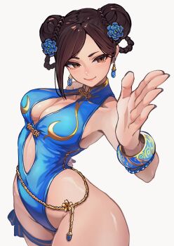 1girl absurdres ap_cammy blue_flower blue_one-piece_swimsuit bracelet braid braided_hair_rings breasts brown_hair capcom chun-li cleavage closed_mouth clothing_cutout commentary curvy double_bun earrings english_commentary eyeliner flower hair_bun hair_flower hair_ornament hair_rings highres jewelry large_breasts legs_together long_hair makeup official_alternate_costume one-piece_swimsuit red_eyeliner revision simple_background smile solo standing stomach_cutout street_fighter street_fighter_6 swimsuit thigh_strap thighs white_background