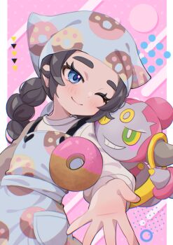 1girl ansha_(pokemon) apron black_hair blue_apron blue_eyes blue_headscarf blush closed_mouth colored_sclera commentary_request donut donut_print eyelashes food food_print gen_6_pokemon green_eyes grin headscarf hoopa hoopa_(confined) horns legendary_pokemon long_hair long_sleeves looking_at_viewer mizuiro123 mythical_pokemon nintendo one_eye_closed open_mouth pokemon pokemon_(creature) pokemon_legends:_z-a shirt smile teeth white_shirt yellow_sclera
