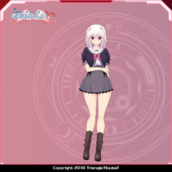 1girl arisia_hellioxenes arm_behind_back boots bow breasts closed_mouth company_name copyright_name full_body game_cg grey_skirt holding_own_arm kourin_tenshi_en_ciel_rena large_breasts large_variant_set logo looking_at_viewer magic_circle miniskirt official_art pink_background pink_bow puffy_sleeves purple_eyes red_eyes ribbon saitou_natsuki school_uniform short_hair short_sleeves skirt smile solo standing suhamaya variant_set white_hair