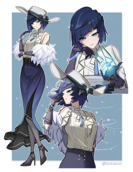 1girl absurdres alternate_costume black_bow black_gloves black_pantyhose black_shoes blue_gemstone blue_hair blue_skirt bow closed_mouth collared_shirt commentary diagonal_bangs dice dress_shirt english_commentary fur_trim gem genshin_impact gloves green_eyes grey_hat hand_up hat high_heels highres light_smile looking_at_viewer looking_to_the_side medium_hair multiple_views neck_tassel pantyhose parted_lips shirt shoes skirt tassel twitter_username yelan_(genshin_impact) zoruu21