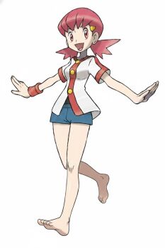 1girl ai-assisted bare_legs barefoot feet nintendo official_art pink_hair pokemon pokemon_hgss self-upload short_shorts shorts simple_background soles third-party_edit toes twintails white_background whitney_(pokemon)