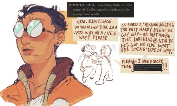 2boys black_hair chibi chibi_only clothes_grab commentary disco_elysium english_commentary expressionless game_screenshot_inset glasses grabbing_another's_shirt harry_du_bois jacket kim_kitsuragi multiple_boys orange_jacket screenshot_inset shirt short_hair source_quote time_woods upper_body white_shirt