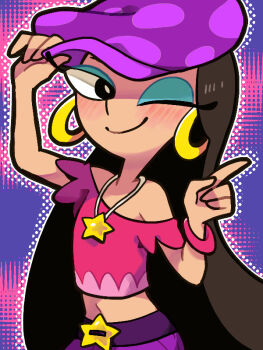 Rule 34 | black hair, blue eyes, blush, blush stickers, bracelet, brown eyes, earrings, hat, jewelry, long hair, necklace, official alternate costume, one eye closed, pants, phineas and ferb, pink shirt, purple pants, scene reference, shirt, smile, stacy hirano, star (symbol), star necklace, toon (style), tsunoji