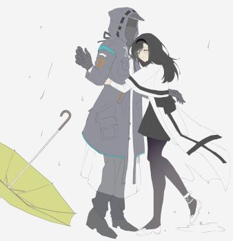 Rule 34 | 1girl, 1other, absurdres, arknights, black gloves, black hair, black hairband, black pantyhose, black skirt, capelet, closed eyes, coat, doctor (arknights), gloves, grey background, grey coat, hairband, highres, hood, hood up, hooded coat, hug, long hair, long sleeves, mask, me (memeinoishi1031), pantyhose, priestess (arknights), shirt, shoes, simple background, skirt, smile, turtleneck, turtleneck shirt, umbrella, white capelet, white coat, white shirt, white shoes