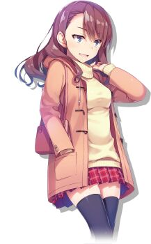 1girl black_thighhighs blue_eyes brown_hair coat hand_in_pocket highres long_hair official_art open_mouth orange_coat plaid_clothes plaid_skirt pleated_skirt red_skirt satou_maya_(youjitsu) simple_background skirt solo sweater thighhighs tomose_shunsaku transparent_background yellow_sweater youkoso_jitsuryoku_shijou_shugi_no_kyoushitsu_e zettai_ryouiki