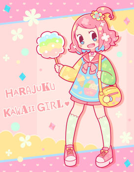 Rule 34 | 1girl, :d, abstract background, bag, blue eyes, blush stickers, bow, bowtie, choker, colorful, commentary request, cotton candy, english text, flower, food, food print, full body, green socks, hair flower, hair ornament, highres, holding, holding cotton candy, holding food, ice cream print, long sleeves, looking at viewer, multicolored shirt, one side up, open mouth, original, pastel colors, pink bow, pink bowtie, pink hair, pink shoes, pink skirt, sailor collar, school uniform, serafuku, shoes, shoulder bag, skirt, smile, sneakers, socks, solo, standing, suzuki arisa (arisa0456), thick lineart, yellow bag, yume kawaii