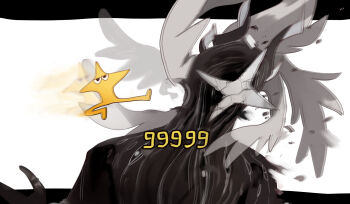 1other afterimage breaking crack creature damage_numbers deltarune head_wings highres kicking letterboxed monster multiple_wings outside_border shards shiburingaru star_(symbol) the_original_starwalker titan_(deltarune) utdr_(toby_fox) white_background wings