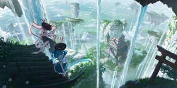 2girls architecture black_boots black_hat black_skirt blue_hair blue_skirt boots building capelet chinese_commentary cloud commentary_request east_asian_architecture floating floating_island flower fold-over_boots frilled_capelet frilled_shawl frilled_skirt frills hat hat_ornament highres hinanawi_tenshi holding holding_sword holding_weapon huangqi_duo_tang_bu_jia_bing leaf_hat_ornament long_hair multiple_girls nagae_iku on_roof outdoors puffy_short_sleeves puffy_sleeves purple_hair second-party_source shawl sheath sheathed shirt short_sleeves skirt sword torii touhou very_long_hair water waterfall weapon white_capelet white_flower white_shawl white_shirt